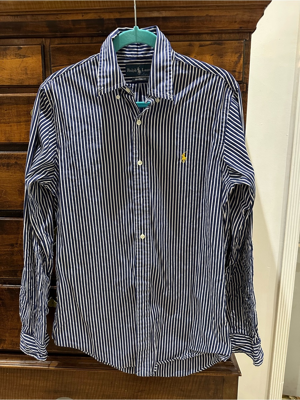 Ralph Lauren Navy and White Striped Button-Down Shirt with Yellow Pony - Picture 2 of 6